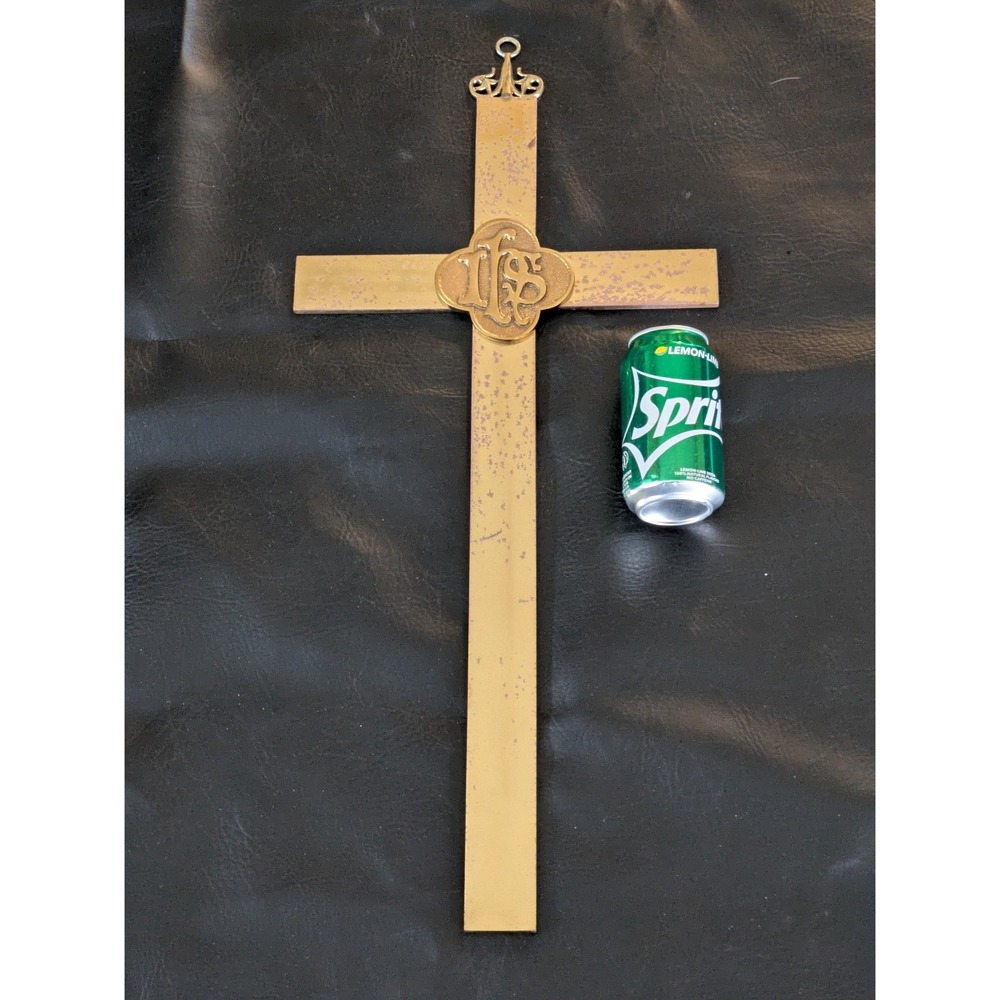 Vintage Brass IHS Monogram‎ Wall Alter Cross Large Religious 26 Inch Tall